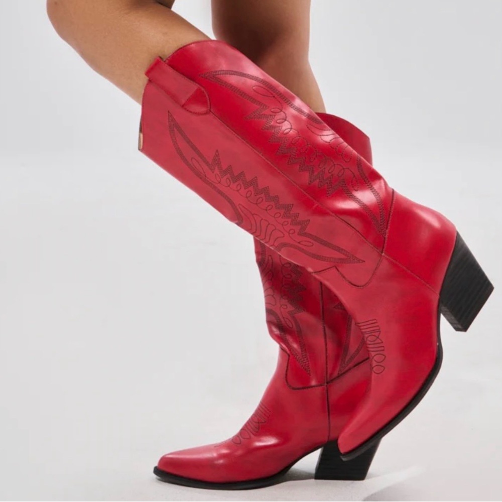 AKIRA Red Western Knee-High Heeled Boots